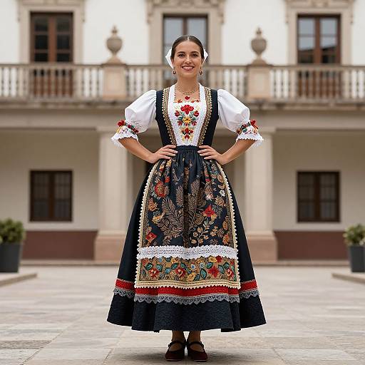 Photograph of a smiling woman in traditional Spanish flamenco dress with intricate floral embroidery, white blouse, and black shoes, standing in front of a colonial
