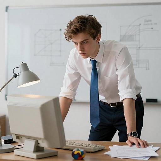 Young Man Working at Desk with Vintage Computer