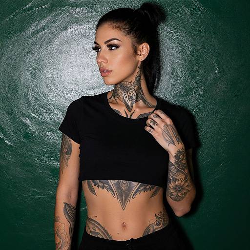Tattooed Woman Against Green Wall