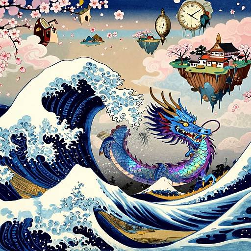 Digital artwork of a vibrant blue dragon swimming through crashing ocean waves, with floating cherry blossom islands, clock towers, and traditional buildings in the background.