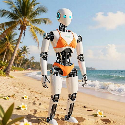 Photograph of a white robotic figure wearing an orange bikini on a sunny tropical beach with palm trees and ocean waves.