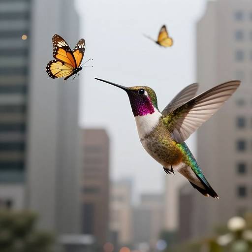 Photograph of a vibrant hummingbird with iridescent green and purple feathers, hovering near two orange-black butterflies, against a blurred urban cityscape background