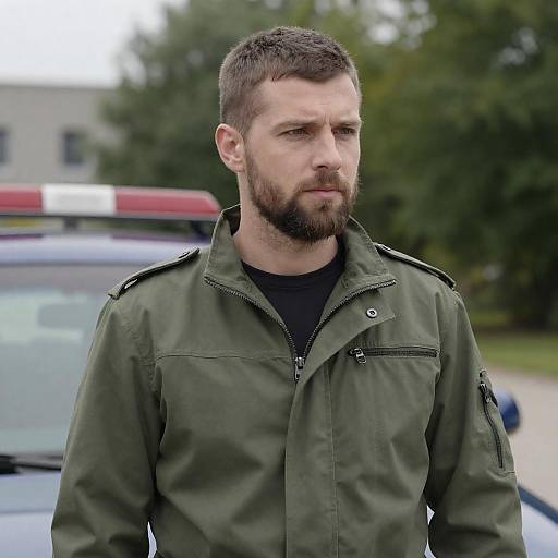 Caucasian Man in Military Jacket Outdoors