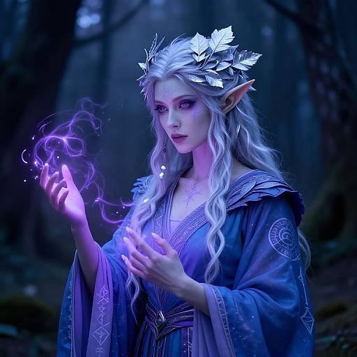 Digital fantasy artwork: Pale-skinned elf woman with long white hair, pointed ears, wearing a blue robe, conjuring purple magic in a dark forest