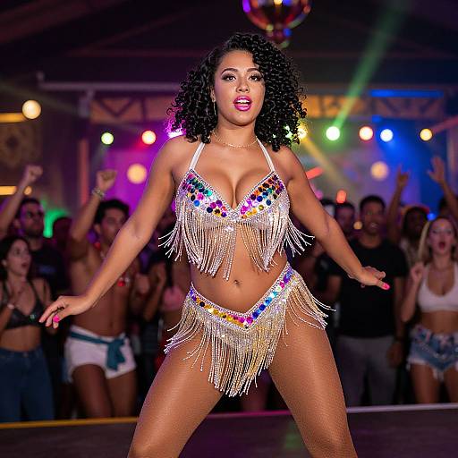Photograph of a curvy, dark-skinned woman with curly hair performing on stage in a colorful, beaded fringe bikini, surrounded by cheering crowd