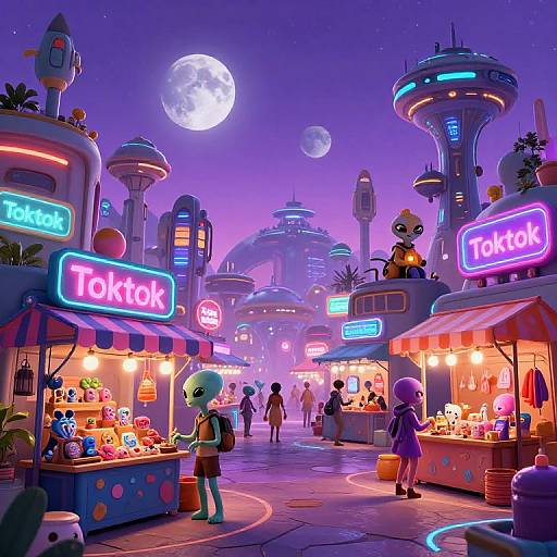 Vibrant neon-lit futuristic market at night, featuring alien vendors, colorful stalls, glowing 