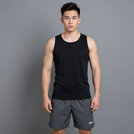 Photograph of a young Asian man with short black hair, wearing a black tank top and gray shorts, standing against a plain gray background.