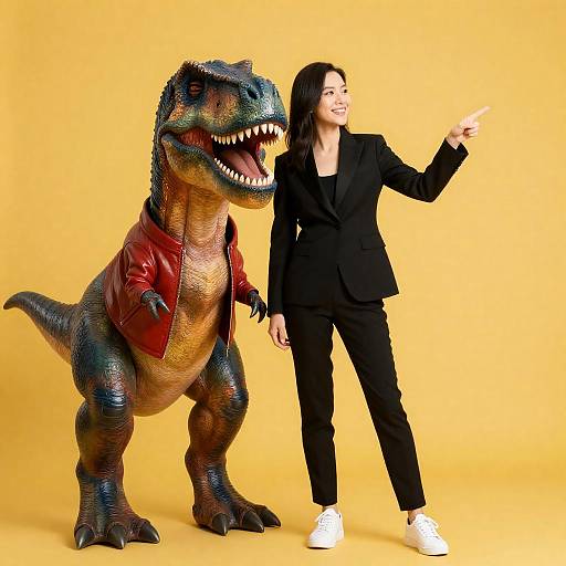 Woman in Black Suit Posing with Cartoon T-Rex