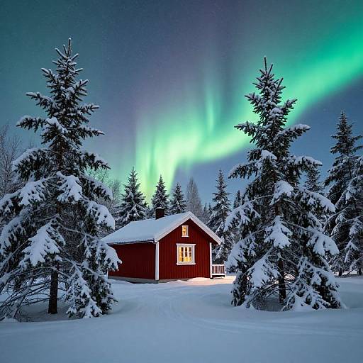 Photograph of a red wooden cabin with lit windows, surrounded by snow-covered evergreen trees, under a vibrant green aurora borealis night sky.