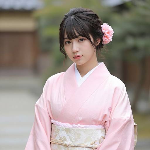 Photograph of a young East Asian woman with fair skin, black hair in a bun, pink flower, wearing a pink kimono with a white ob