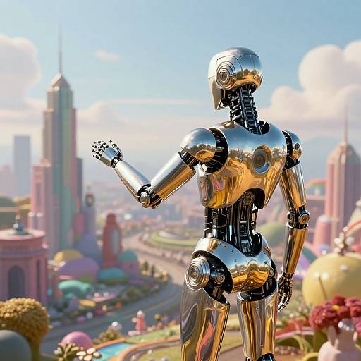 CGI image of a shiny, metallic humanoid robot with an outstretched arm, standing on a vibrant, futuristic cityscape with colorful buildings and clear