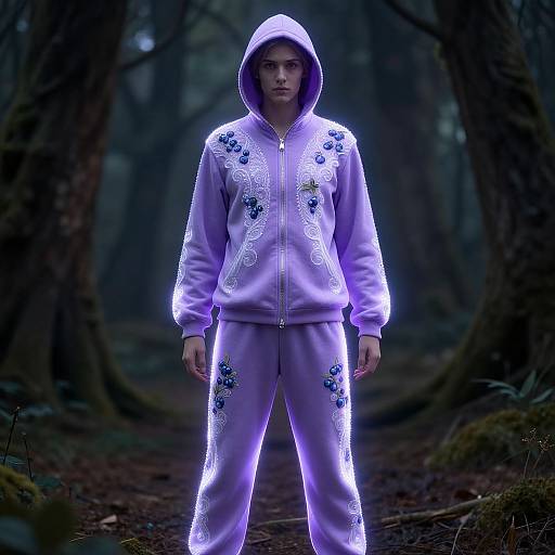 Photograph of a young man in a glowing, lavender hoodie and pants with intricate floral designs, standing in a dark, misty forest. Hood up