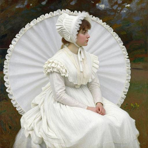 Victorian-era painting of a fair-skinned woman in a white, ruffled dress and bonnet, seated against a large, circular, white fan