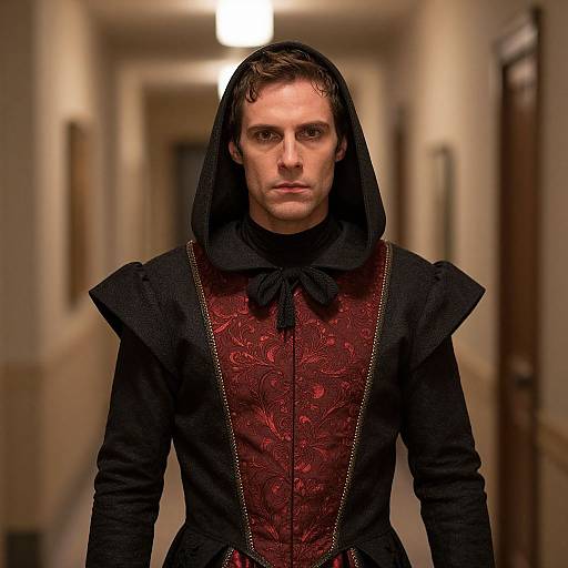 Photograph of a serious-looking man with fair skin and dark brown hair, wearing a black hooded, Renaissance-style outfit with red, intricately embroidered