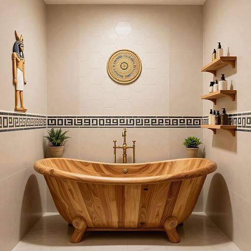 Photograph of a wooden clawfoot bathtub in a white-tiled bathroom, adorned with Greek-inspired black and white border tiles, brass faucet, and wooden