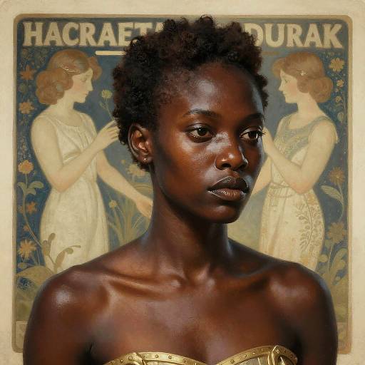 Photograph of a dark-skinned woman with short natural hair, bare shoulders, and golden strapless top, in front of an Art Nouveau-style