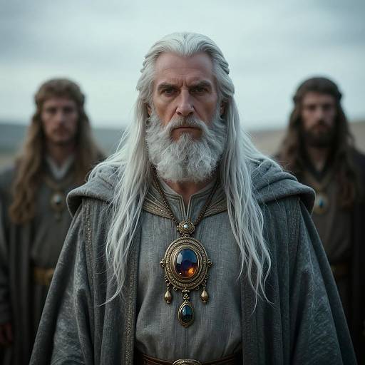 Photograph of a white-haired, bearded elder Viking warrior in grey tunic with ornate brooch, standing in front of blurred, similarly dressed