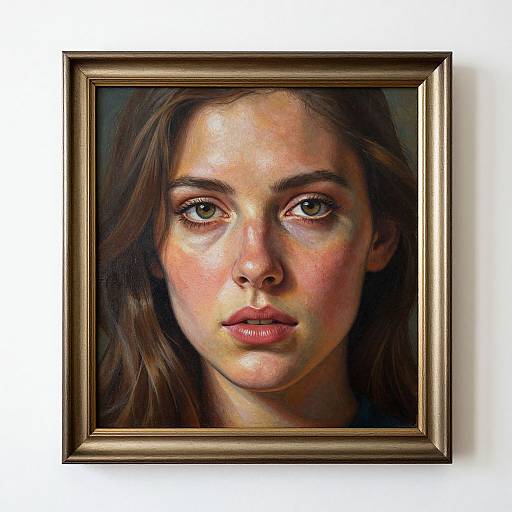 Realistic painting of a young woman with green eyes, long brown hair, and pinkish skin tone, framed in a gold frame.