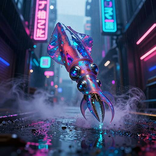 Neon-lit cyberpunk city street at night, rain pouring down. A vibrant, iridescent squid-like creature with glowing eyes and tentacles