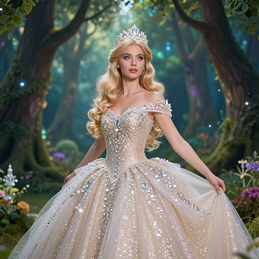 Blonde princess in a sparkling white ball gown with sequins, tiara, and off-shoulder sleeves, standing in a magical forest. Digital