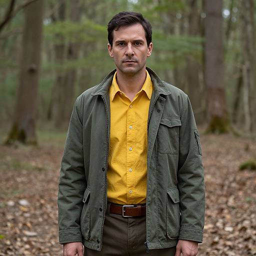 Photograph of a serious-looking man with short black hair, wearing a green jacket over a yellow shirt, standing in a forest with blurred trees and brown