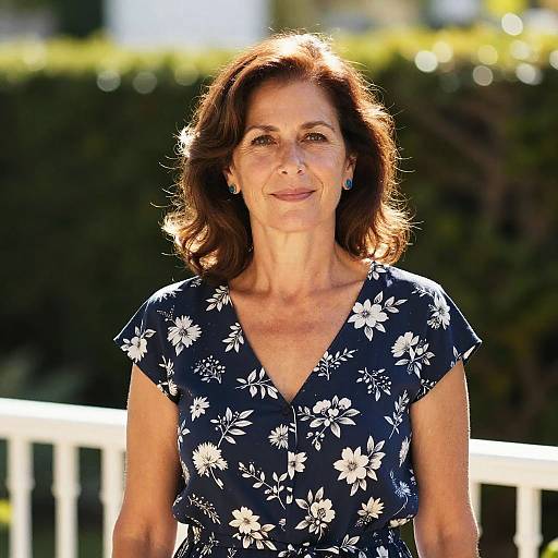 Photograph of a smiling middle-aged woman with wavy brown hair, wearing a navy floral dress, standing outdoors with sunlit greenery in the background