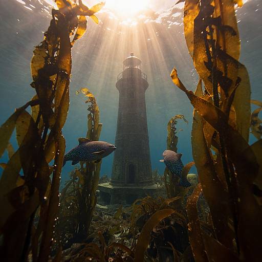 Photograph of underwater scene: sunbeams illuminate a cylindrical lighthouse surrounded by dark, silhouetted seaweed and two spotted anglerfish