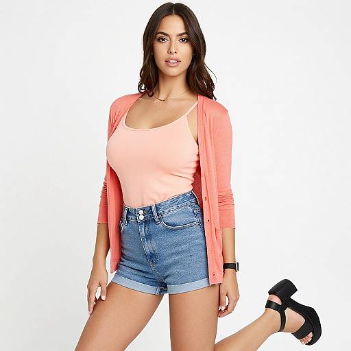 Photograph of a brunette woman with straight hair, wearing a pink tank top, coral cardigan, high-waisted blue denim shorts, and black