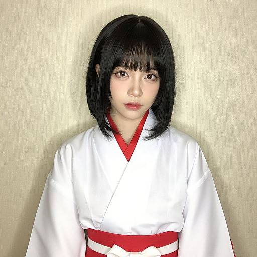 Photograph of an East Asian woman with straight black hair, wearing a white kimono with red trim and red obi, standing against a beige wall
