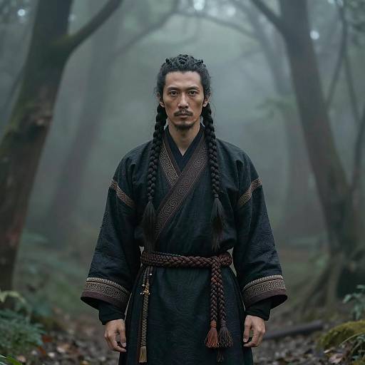 Confident Man in Foggy Forest