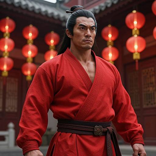 Photograph of a muscular Asian man with long black hair in a topknot, wearing a red martial arts robe, standing in a traditional Chinese courtyard