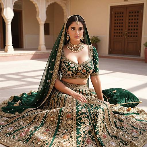 Photograph of a South Asian woman in an ornate green and gold traditional bridal lehenga, seated in a sunlit courtyard with arched columns and