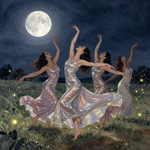 Four women in shimmering silver dresses dance under a full moon in a field of glowing fireflies, arms gracefully raised. Digital artwork.