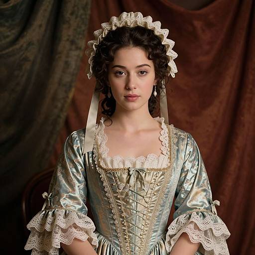 Photograph of a young woman with fair skin and curly brown hair, wearing an 18th-century blue satin gown with lace trim, and a white