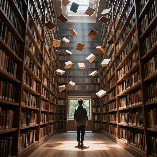 Photograph of a lone figure in a dimly lit library, surrounded by floating books, walking towards a sunlit window.