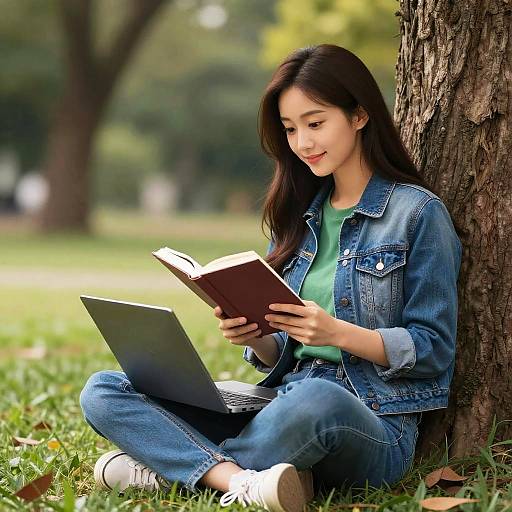 Young Woman Reading Book Outdoors with Laptop