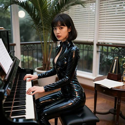 Latex Pianist in Moonlit Conservatory