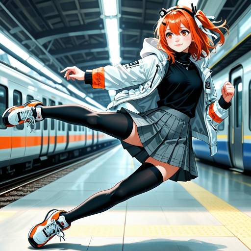 Energetic Girl at Train Station