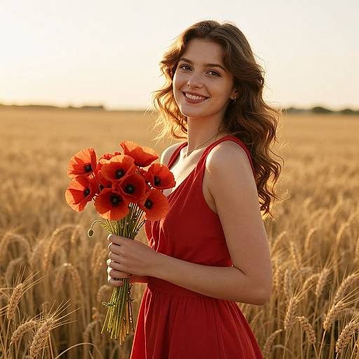 Photograph of a smiling, curly-haired woman in a red dress holding red poppies in a golden wheat field at sunset.
