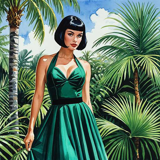 Retro Pin-Up Woman in Emerald Green Dress