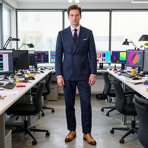 Photograph of a young, tall, Caucasian man in a dark navy suit, white shirt, and brown leather shoes, standing in a bright office with