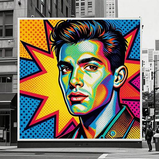 Vibrant pop art mural of a serious man with colorful highlights, starburst background, urban street setting, buildings, black-and-white elements.