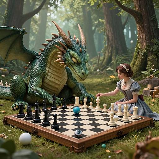 Digital art of a green dragon and a fairy-like woman playing chess in a sunlit forest, with checkered board and chess pieces.