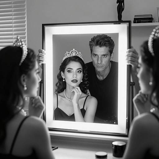 Man and Women with Tiaras at Illuminated Mirror