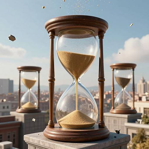 Photograph of three wooden hourglasses with flowing sand, set against a cityscape backdrop under a bright blue sky. Sand grains float in mid-air
