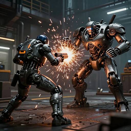 Photorealistic CGI of two metallic robots in a dimly lit industrial warehouse, engaging in a fierce battle with one robot firing a bright, sparking laser