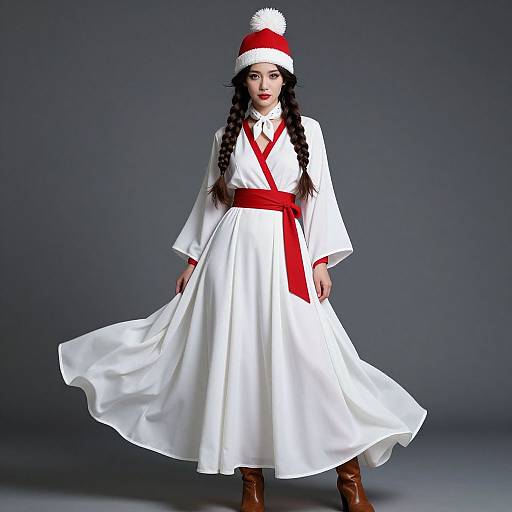 Photograph of an Asian woman with long black braids, wearing a white long-sleeve dress, red belt, red X-pattern top, Santa