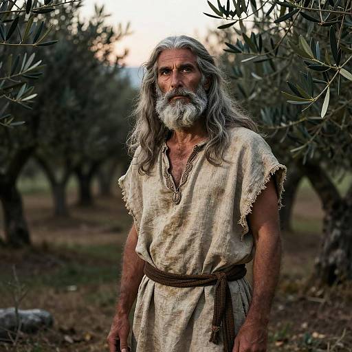 Photograph of an elderly, bearded man with long gray hair, wearing a tattered, beige tunic, standing in an olive grove at