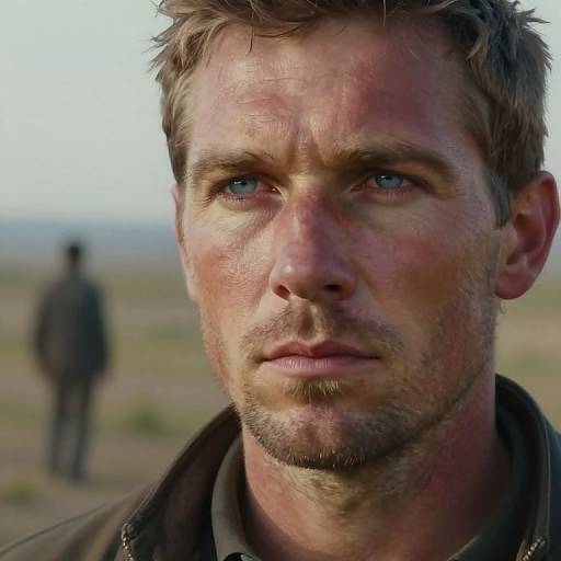 Close-up photograph of a rugged, blue-eyed, bearded man with short brown hair and sunburnt face, wearing a brown jacket, standing in