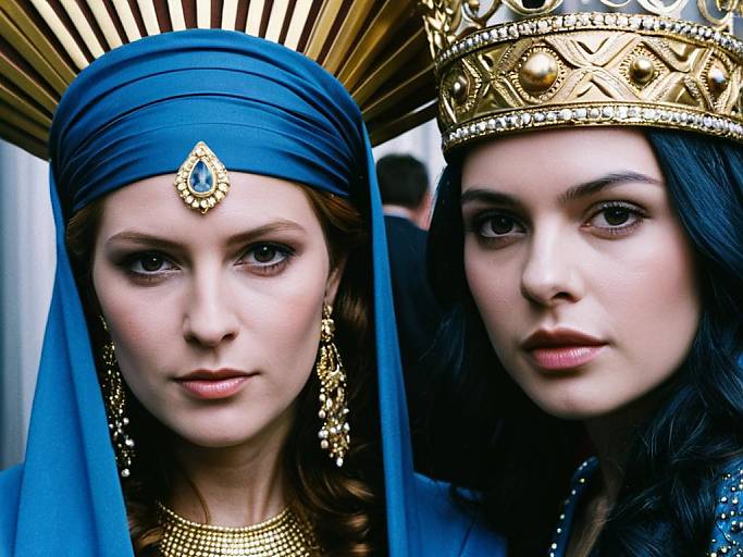 Photograph of two fair-skinned women with blue eyes, wearing blue veils and gold crowns with ornate designs, adorned with jewelry, looking